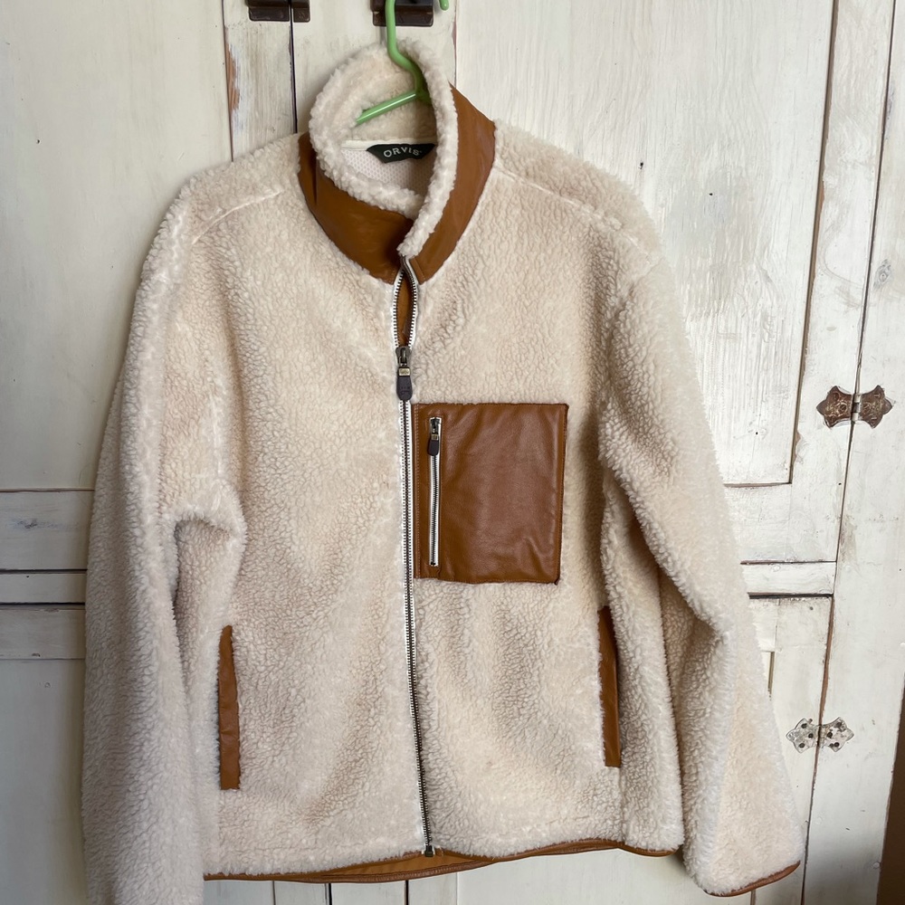 Orvis Stowe Sherpa Fleece with leather trim jacket Men’s large MSRP $220